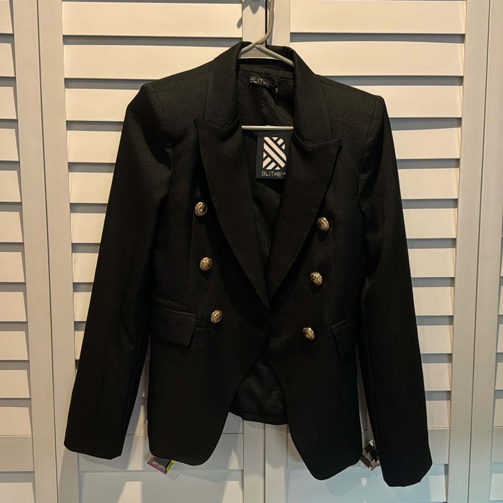 Blithe LA NWT Jacket with Gold Buttons in black with Shoulder Pads.